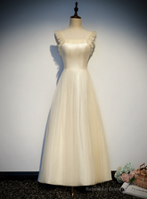 A-Line Champagne Tulle Straps Ankle Length Prom Dress
